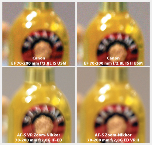 Test bokeh przy ogniskowej 200 mm i przysonie f/2,8. Obydwa Canony (górne zdjcia) maj neutralny bokeh, AF-S VR Zoom-Nikkor 70-200 mm f/2,8G IF-ED (lewe dolne zdjcie) najgorzej z testowanej czwórki rejestruje nieostre partie obrazu, natomiast najlepszy bokeh ma AF-S Zoom-Nikkor 70-200 mm f/2,8G ED VR II (prawe dolne zdjcie).
