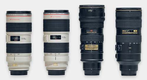 Testowane obiektywy, kolejno: Canon EF 70–200 mm f/2,8L IS USM; Canon EF 70–200 mm f/2,8L IS II USM; AF-S VR Zoom-Nikkor 70–200 mm f/2,8G IF-ED; AF-S Zoom-Nikkor 70–200 mm f/2,8G ED VR II