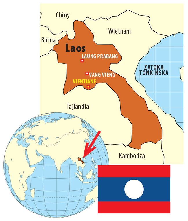 Laos  (Laotaska Republika Ludowo-Demokratyczna) stolica: Vientiane powierzchnia kraju: 236 800 km² liczba mieszkaców: 6,5 mln waluta: kip (LAK) ustrój: republika ludowa jzyk urzdowy: laotaski
