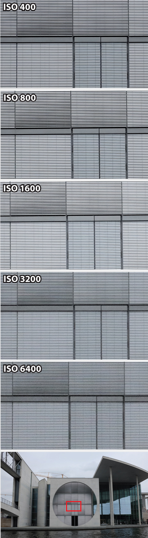 Do ISO 6400 w X100s jako obrazu jest bardzo dobra. Fragment budynku lecego nad Sprew w Berlinie.