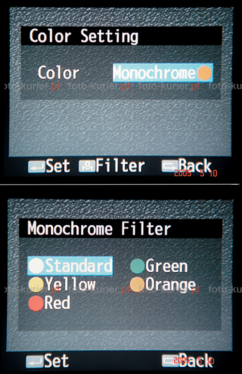 Okna dialogowe wyboru filtrów w trybie monochromatycznym