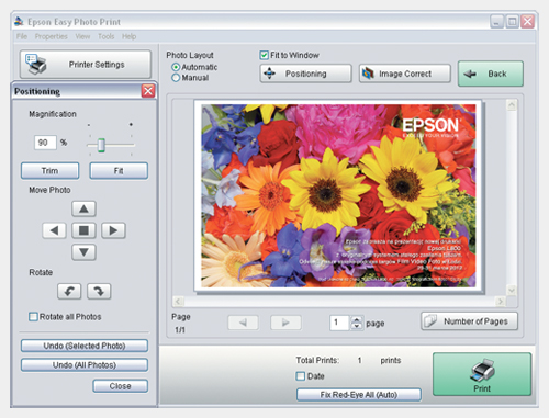 Okno dialogowe programu Epson Easy Photo Print.