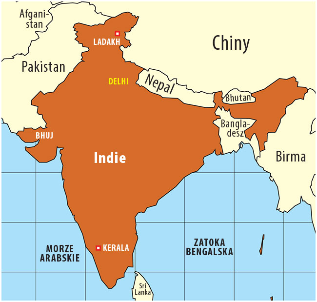 Indie, o powierzchni 3,3 mln km2, są siódmym pod względem wielkości krajem na świecie. Kraj graniczy z Pakistanem, Chinami, Nepalem, Bhutanem, Birmą i Bangladeszem. Na północy Indie okalają pasma górskie Karakorum i Himalaje, od wschodu i zachodu opływają go wody Morza Arabskiego, Zatoki Bengalskiej i Morza Andamańskiego. Do Indii należą archipelagi Lakkadiwów, Andamanów i Nikobarów.  Stolicą jest New Delhi, głównymi miastami są m.in. Bombaj, Bangalore, Kalkuta i Ćennaj. Przeważa klimat zwrotnikowy. Na pustyni Thar w północno-zachodnich Indiach klimat jest skrajnie suchy. Średnia temperatura w styczniu wynosi od ok. +15°C u podnóża Himalajów do ok. +28°C na południu. W maju, który jest najcieplejszym miesiącem roku (+27 do +30°C), z wyjątkiem pustyni Thar gdzie temperatura osiąga +36°C. W Delhi dochodzi nawet do +44°C. Indie to drugie pod względem liczebności państwo na świecie (1,2 mld). Społeczeństwo jest zróżnicowane pod względem etnicznym jak i wyznaniowym, dominującą religią jest hinduizm. Waluta: rupia indyjska (INR). Języki urzędowe: hindi oraz 21 języków konstytucyjnych, dopuszczanych jako języki urzędowe w poszczególnych stanach. Pomocniczym językiem jest angielski.