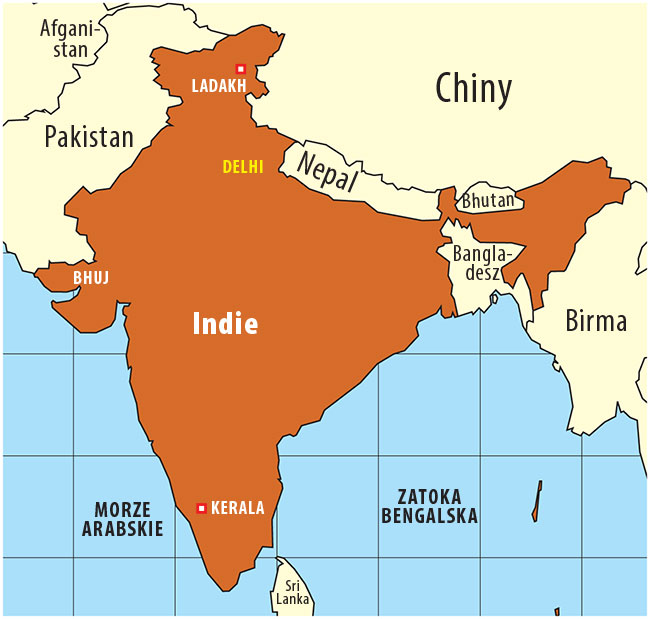 Indie, o powierzchni 3,3 mln km2, s siódmym pod wzgldem wielkoci krajem na wiecie. Kraj graniczy z Pakistanem, Chinami, Nepalem, Bhutanem, Birm i Bangladeszem. Na pónocy Indie okalaj pasma górskie Karakorum i Himalaje, od wschodu i zachodu opywaj go wody Morza Arabskiego, Zatoki Bengalskiej i Morza Andamaskiego. Do Indii nale archipelagi Lakkadiwów, Andamanów i Nikobarów.  Stolic jest New Delhi, gównymi miastami s m.in. Bombaj, Bangalore, Kalkuta i ennaj. Przewaa klimat zwrotnikowy. Na pustyni Thar w pónocno-zachodnich Indiach klimat jest skrajnie suchy. rednia temperatura w styczniu wynosi od ok. +15°C u podnóa Himalajów do ok. +28°C na poudniu. W maju, który jest najcieplejszym miesicem roku (+27 do +30°C), z wyjtkiem pustyni Thar gdzie temperatura osiga +36°C. W Delhi dochodzi nawet do +44°C. Indie to drugie pod wzgldem liczebnoci pastwo na wiecie (1,2 mld). Spoeczestwo jest zrónicowane pod wzgldem etnicznym jak i wyznaniowym, dominujc religi jest hinduizm. Waluta: rupia indyjska (INR). Jzyki urzdowe: hindi oraz 21 jzyków konstytucyjnych, dopuszczanych jako jzyki urzdowe w poszczególnych stanach. Pomocniczym jzykiem jest angielski.