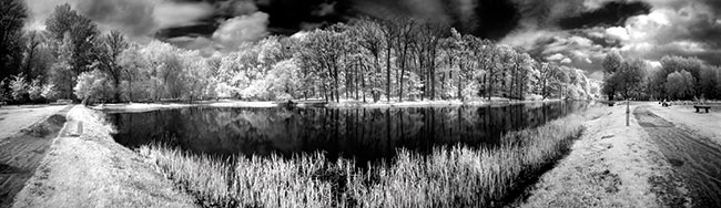 Panorama IR z projektu wystawienniczego „Toru niewidzialny”. Miejsce - stawy w Parku nad Wis. Zdjcie nagrodzone w 2011 roku brzowym medalem w konkursie The Epson International Pano Awards w kategorii „Nature”.