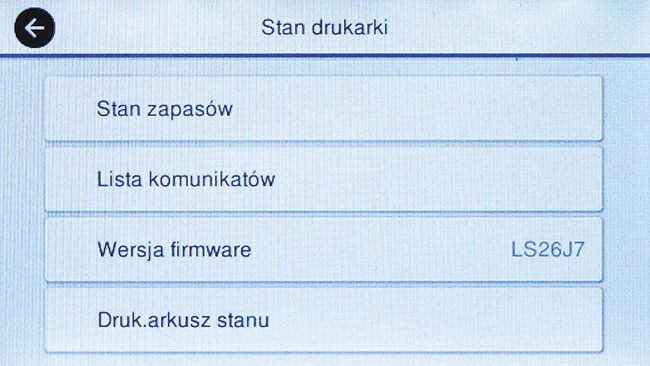 Przykadowe okna dialogowe ekranu LCD drukarki