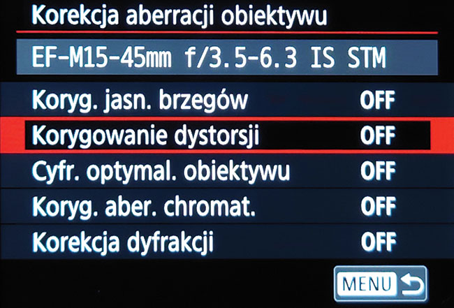 Jedno z okien dialogowych menu aparatu