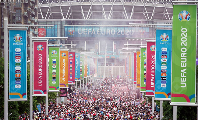 England fans along Wembley Way ahead of the UEFA Euro 2020 Final at Wembley Stadium, London. Picture date: Sunday July 11, 2021.  Photograph: Zac Goodwin