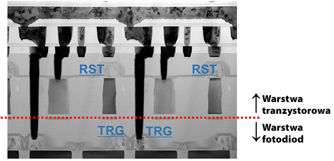Przekrój matrycy obrazujcej CMOS z dwuwarstwowymi tranzystorami w pikselach