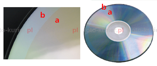 Pod pewnym ktem owietlenia napycie CD-R wyranie widoczne s obszary zapisany (a) iczysty (b). 